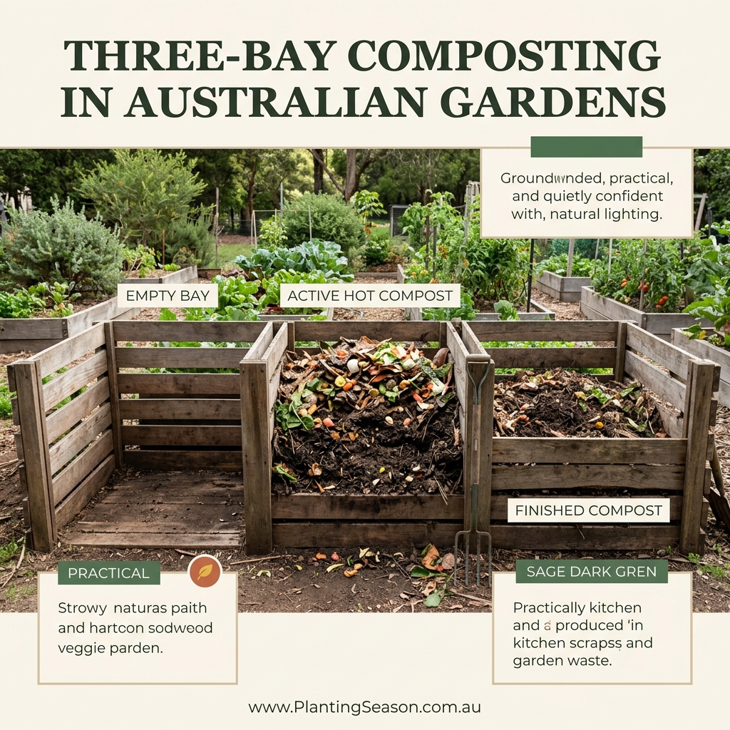 Three-bay compost bin system in an Australian backyard