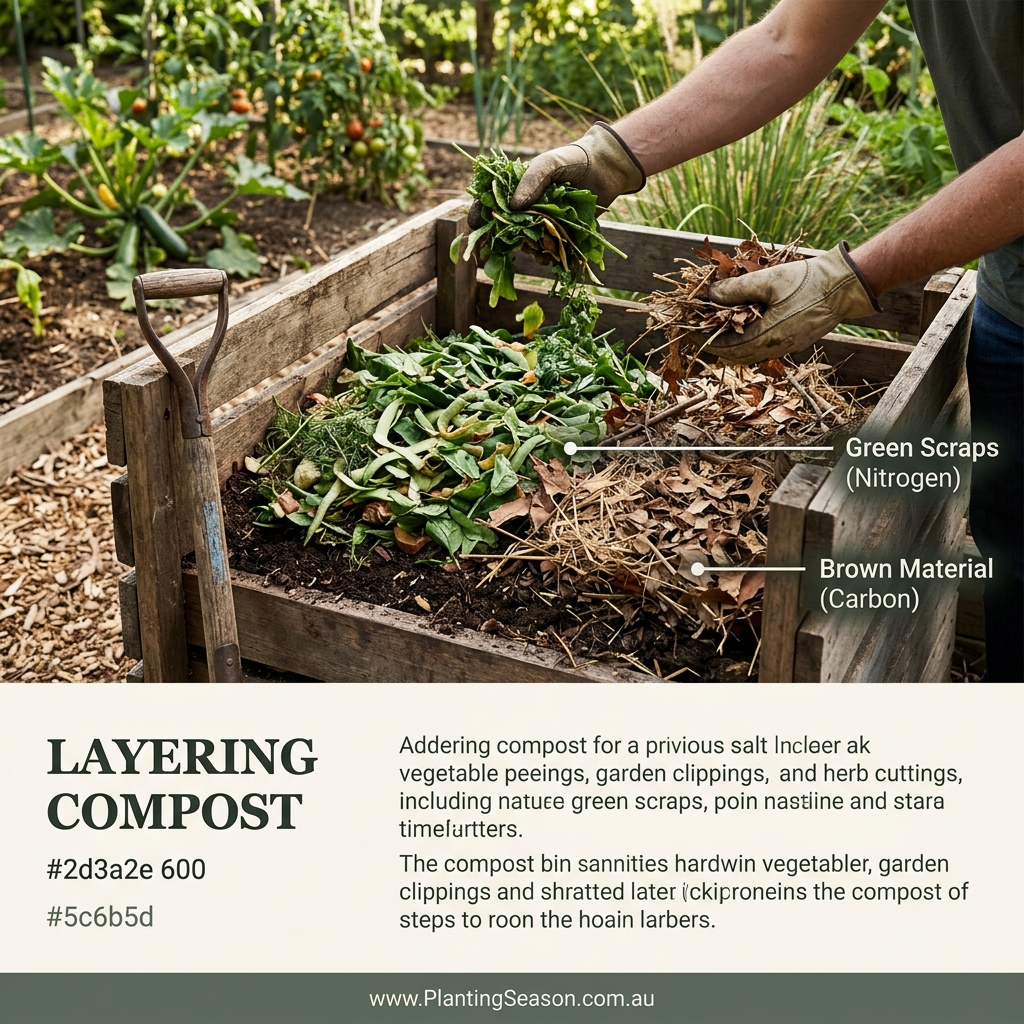 Layering green and brown materials into a compost bin