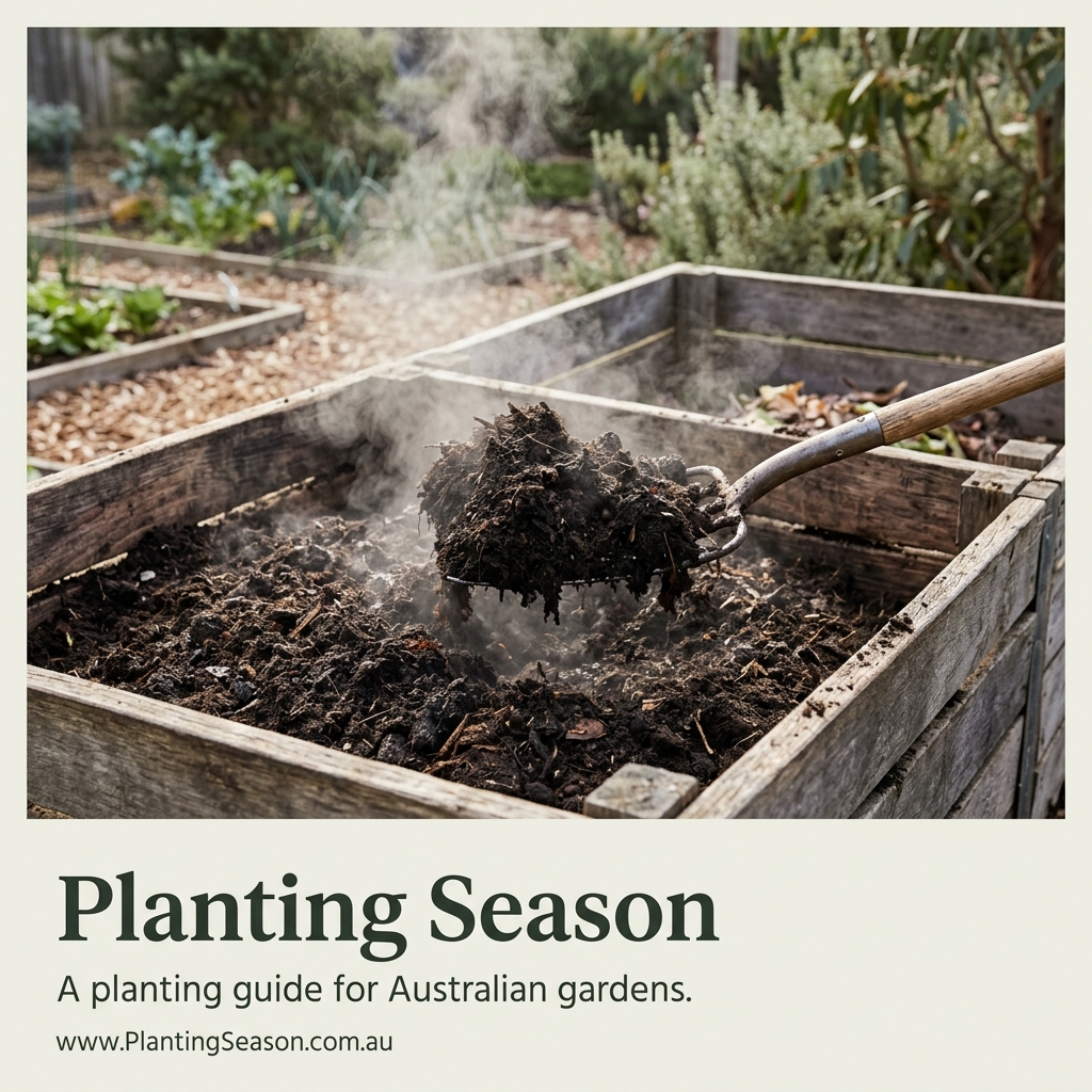 Turning steaming compost with a garden fork