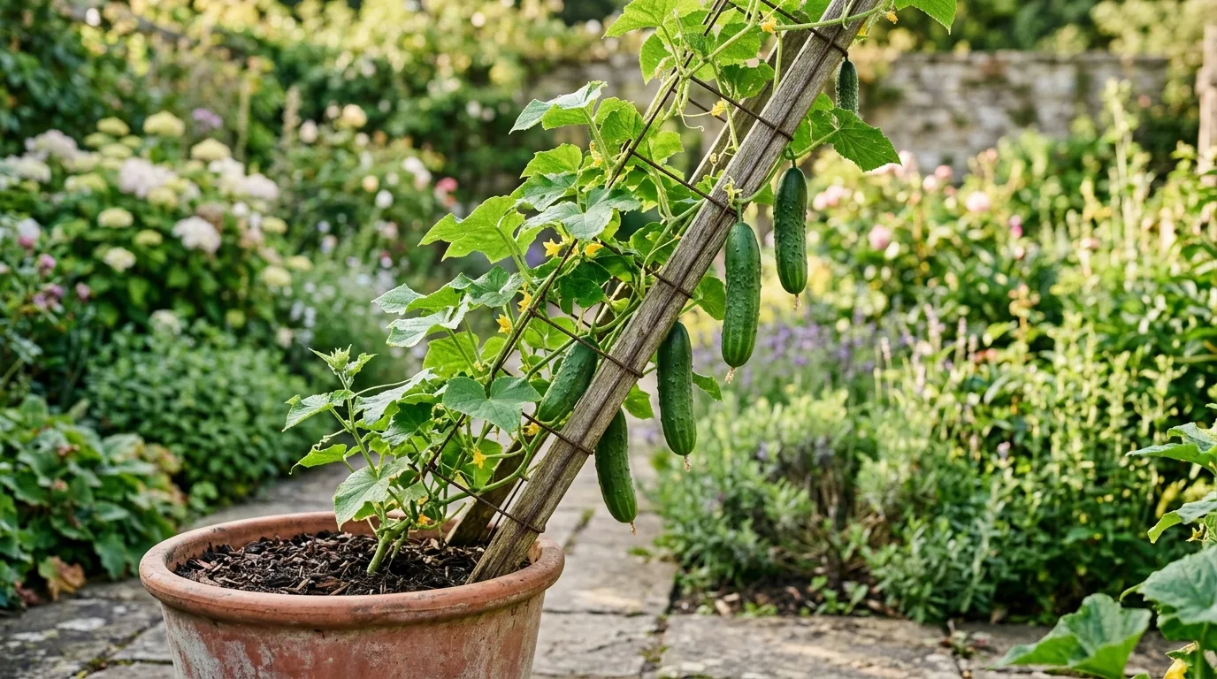 A cucumber plant climbing a trellis out of a large pot