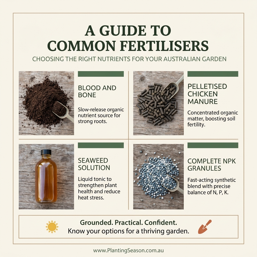 Comparison of fertiliser types: blood and bone, chicken manure, seaweed, NPK
