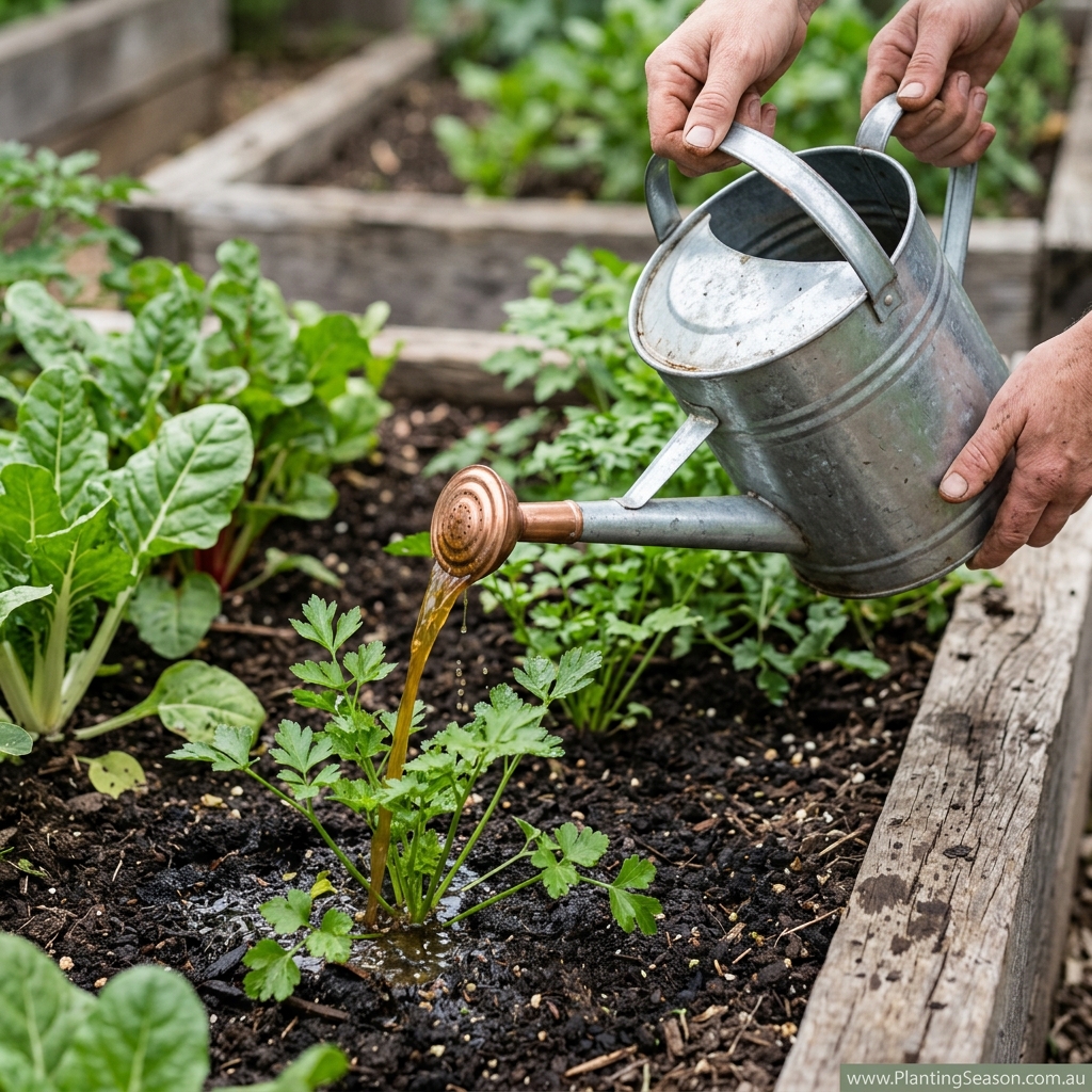 Watering can with diluted liquid seaweed fertiliser
