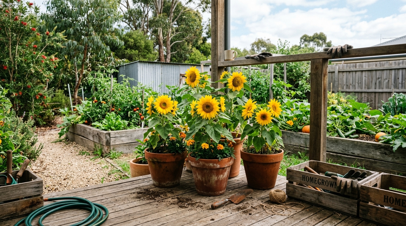 Dwarf sunflowers in terracotta pots