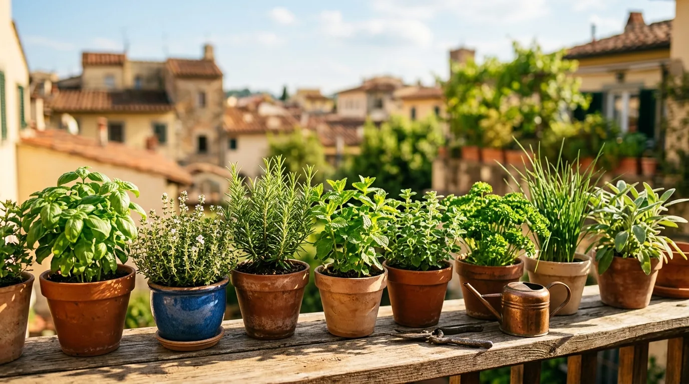 A collection of potted herbs on a sunny balcony rail
