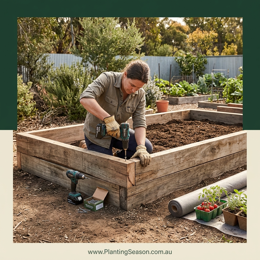 Timber frame of a raised garden bed being assembled