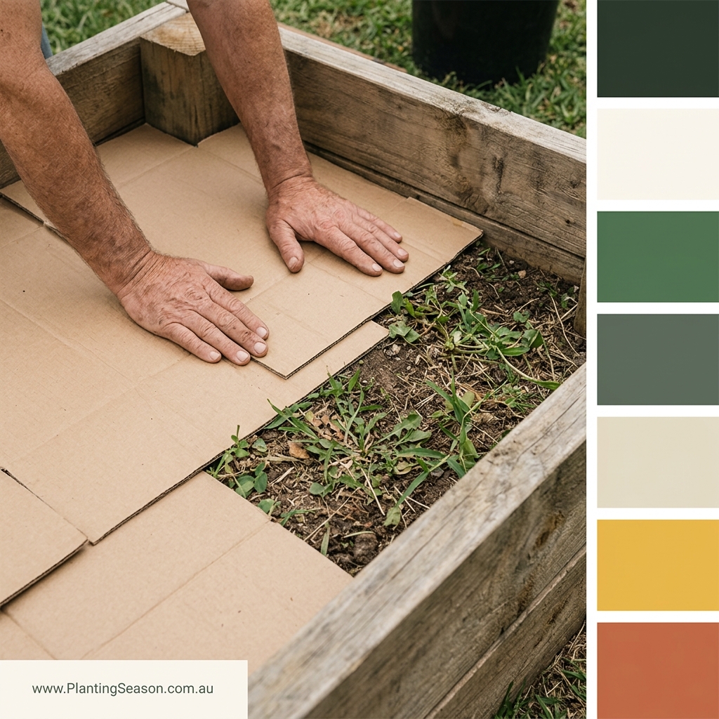 Cardboard laid inside the base of a raised garden bed