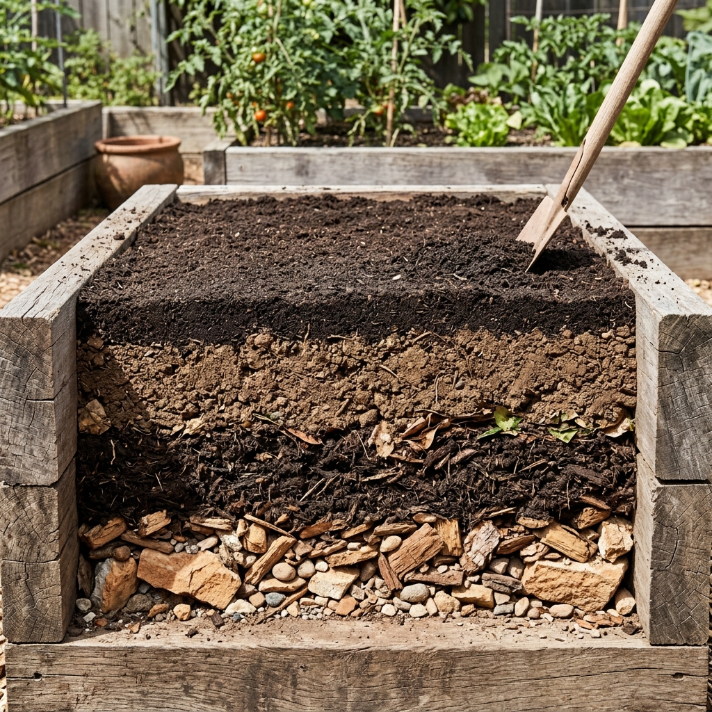 Soil layers being added to a raised bed