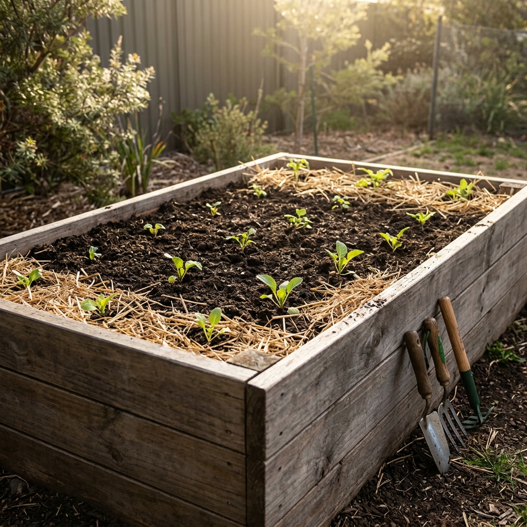 Completed raised garden bed with seedlings and mulch