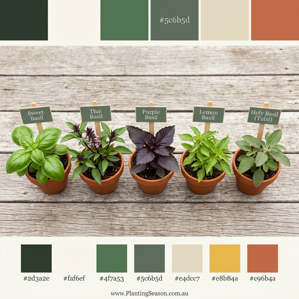 Five basil varieties compared: sweet, Thai, purple, lemon, and holy basil