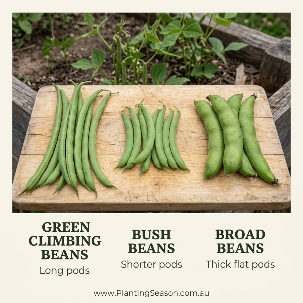 Three bean types: green climbing beans, bush beans, and broad beans