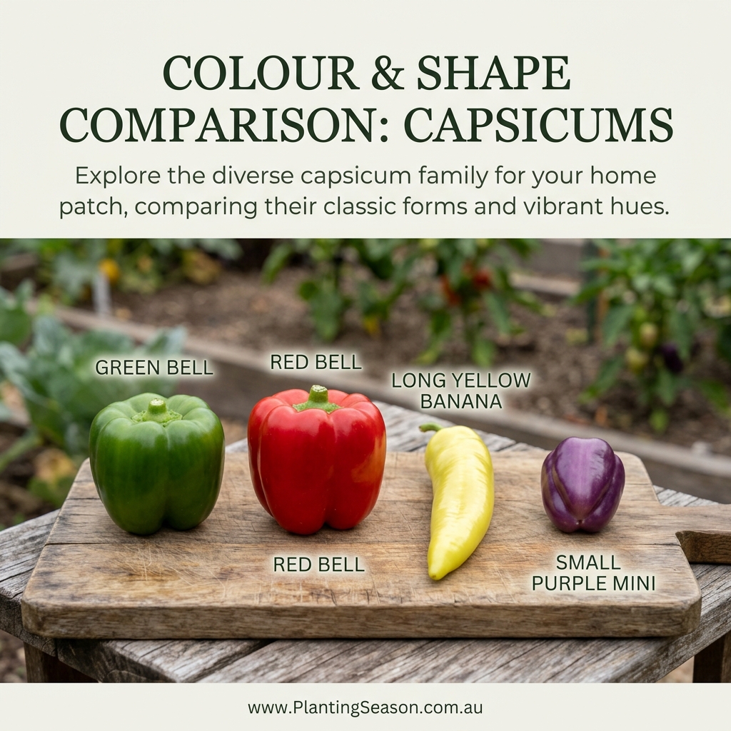 Four capsicum types: green bell, red bell, yellow banana, and purple mini