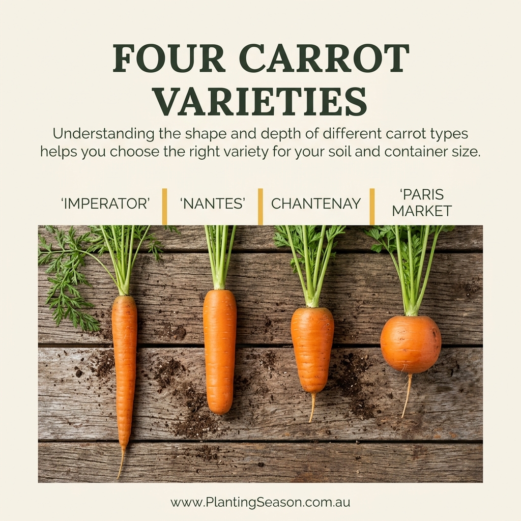 Four carrot varieties: Imperator, Nantes, Chantenay, and Paris Market