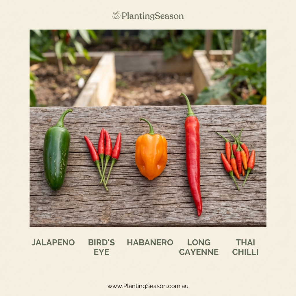 Five chilli varieties: jalapeno, bird's eye, habanero, cayenne, and Thai chilli