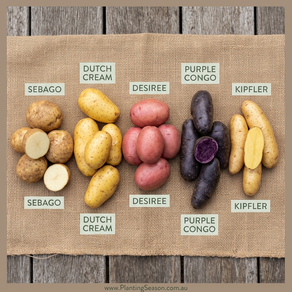 Five potato varieties: Sebago, Dutch Cream, Desiree, Congo, and Kipfler