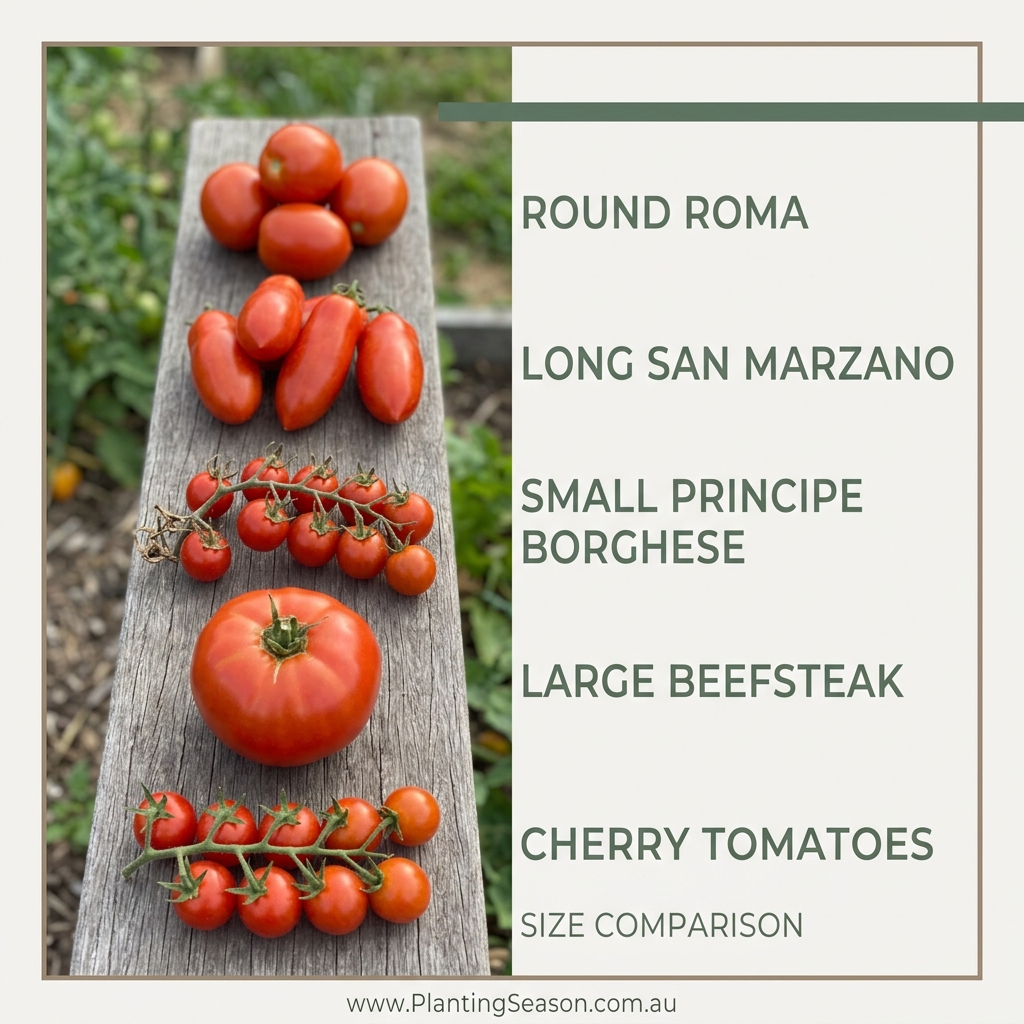 Five tomato types: Roma, San Marzano, Principe Borghese, beefsteak, and cherry