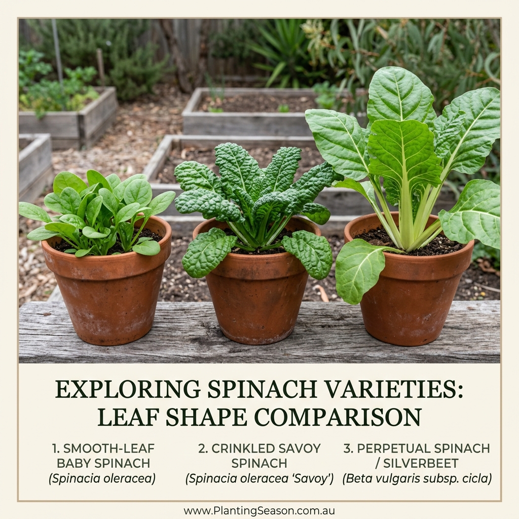 Three spinach types: baby spinach, savoy spinach, and perpetual spinach