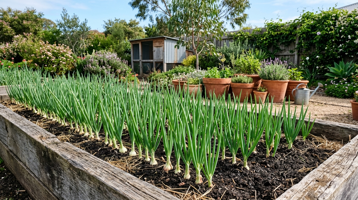 Spring onions in raised bed