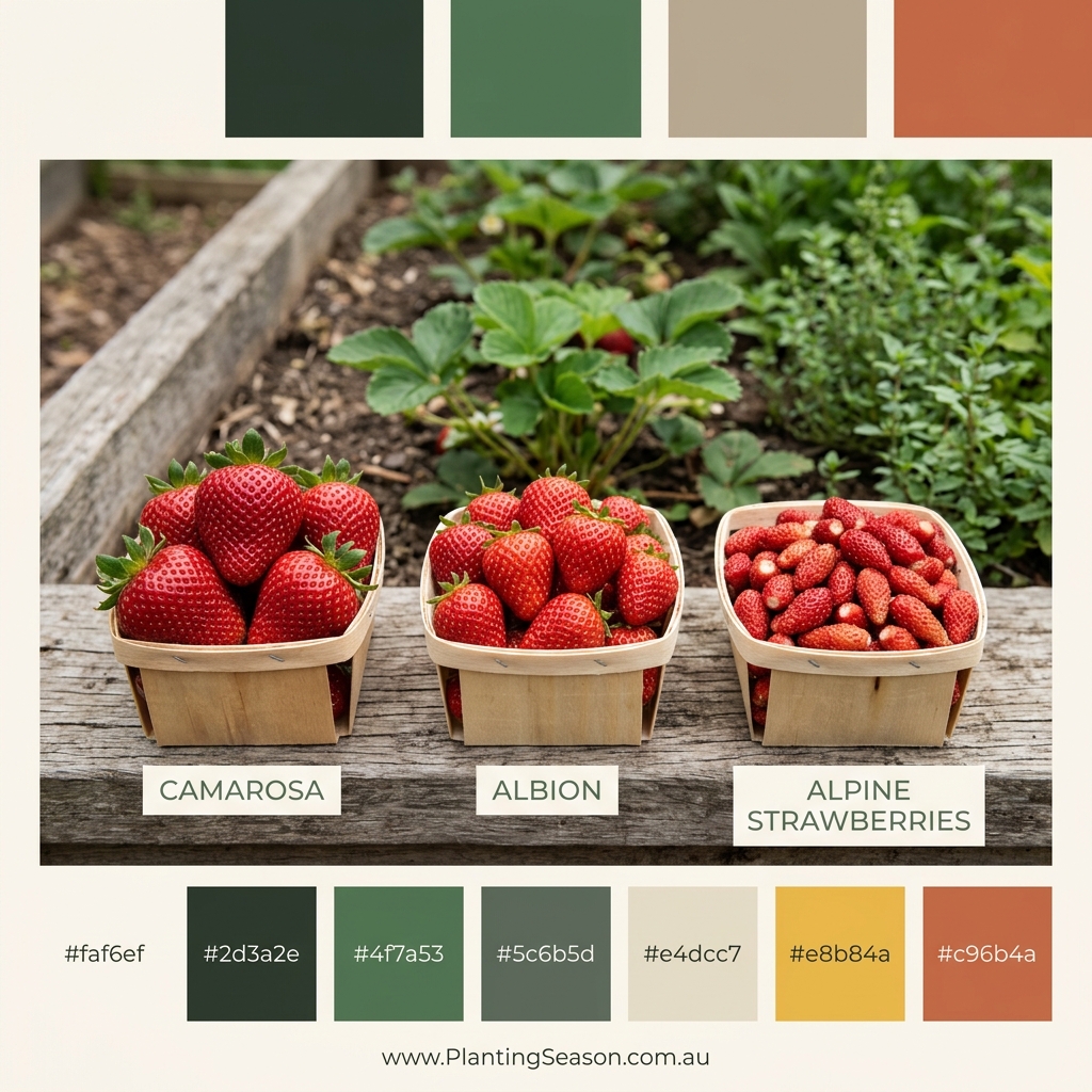 Three strawberry varieties: Camarosa, Albion, and alpine strawberries