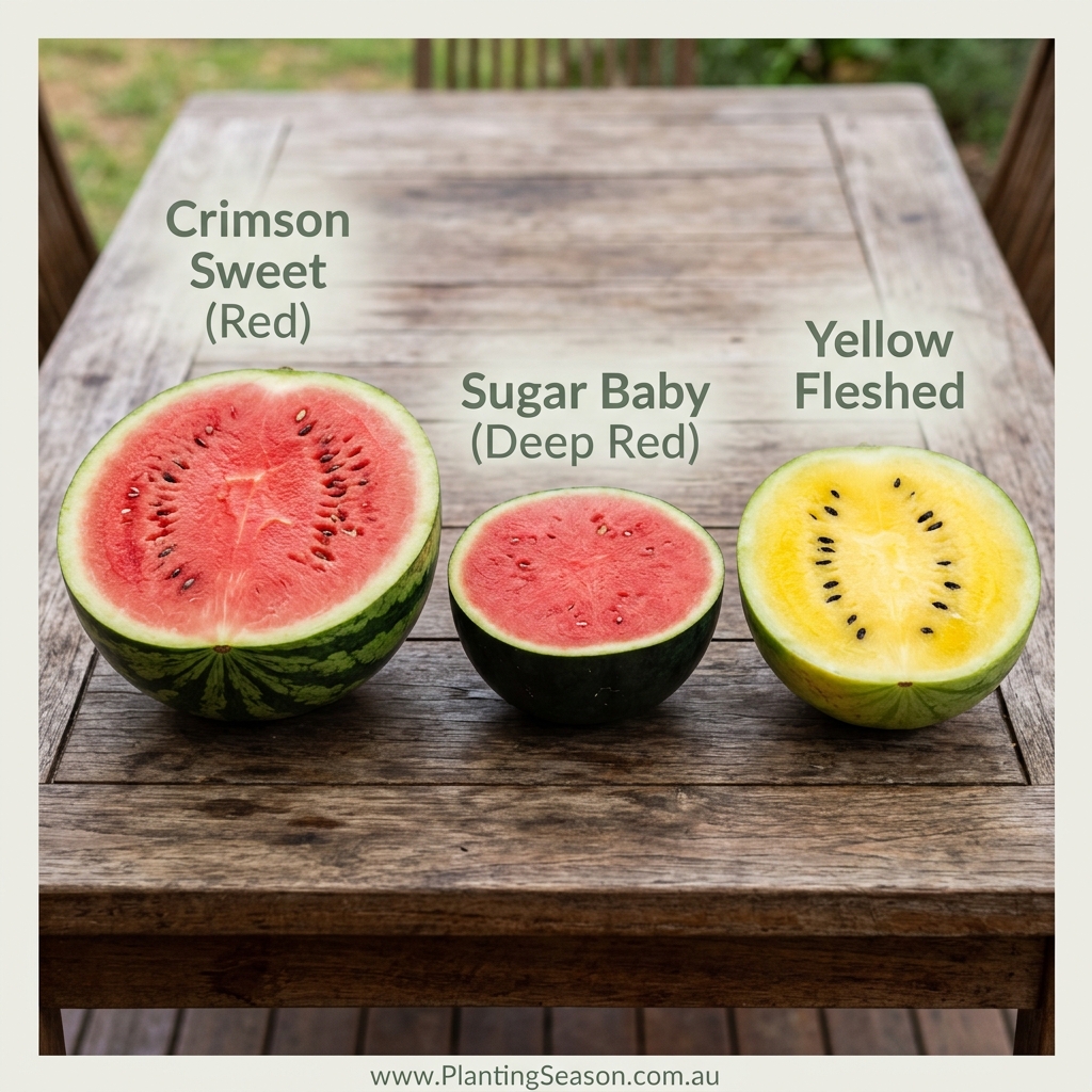 Three watermelons: Crimson Sweet, Sugar Baby, and yellow-fleshed variety