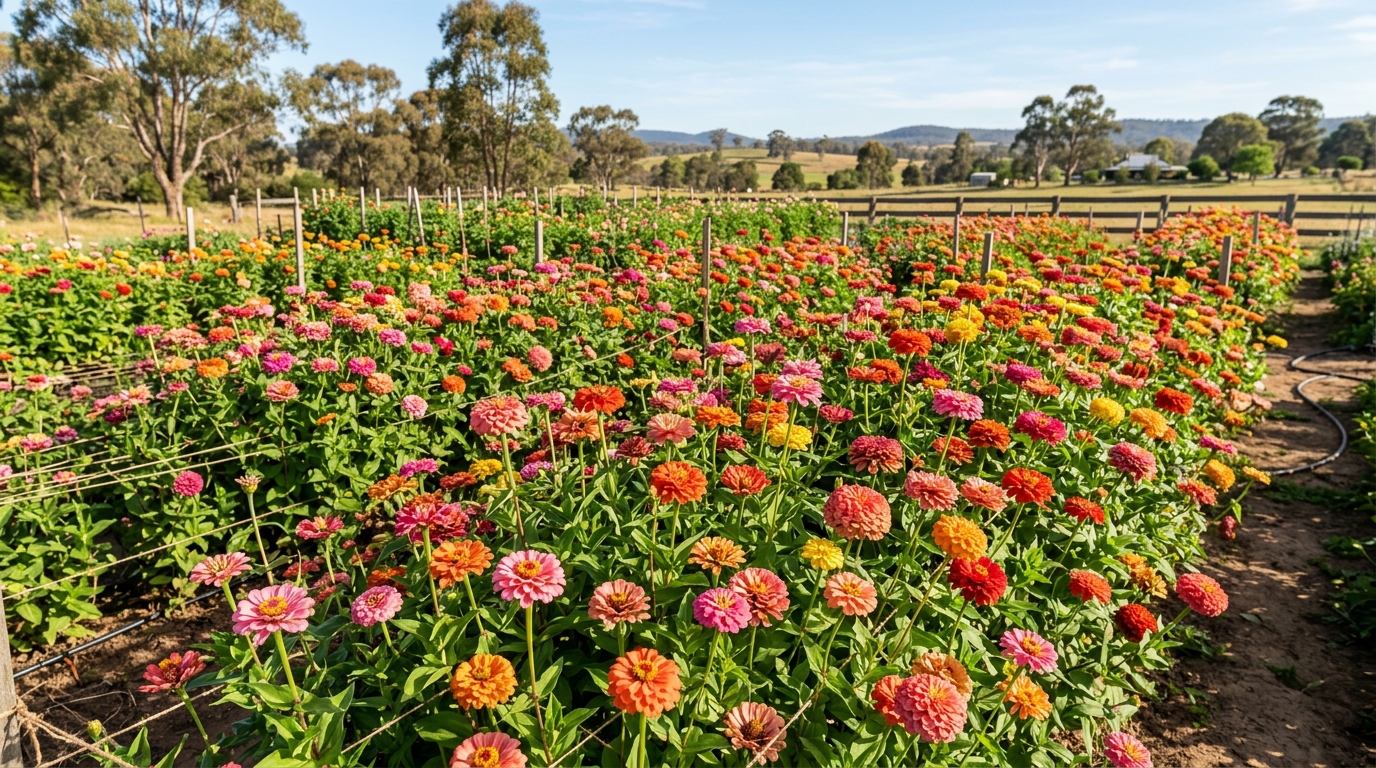 Colourful zinnias in garden