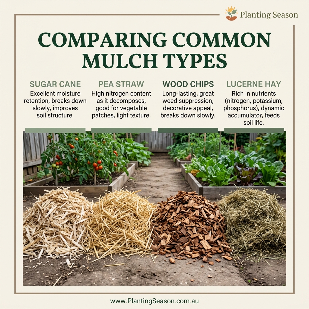 Four types of mulch: sugar cane, pea straw, wood chips, and lucerne hay
