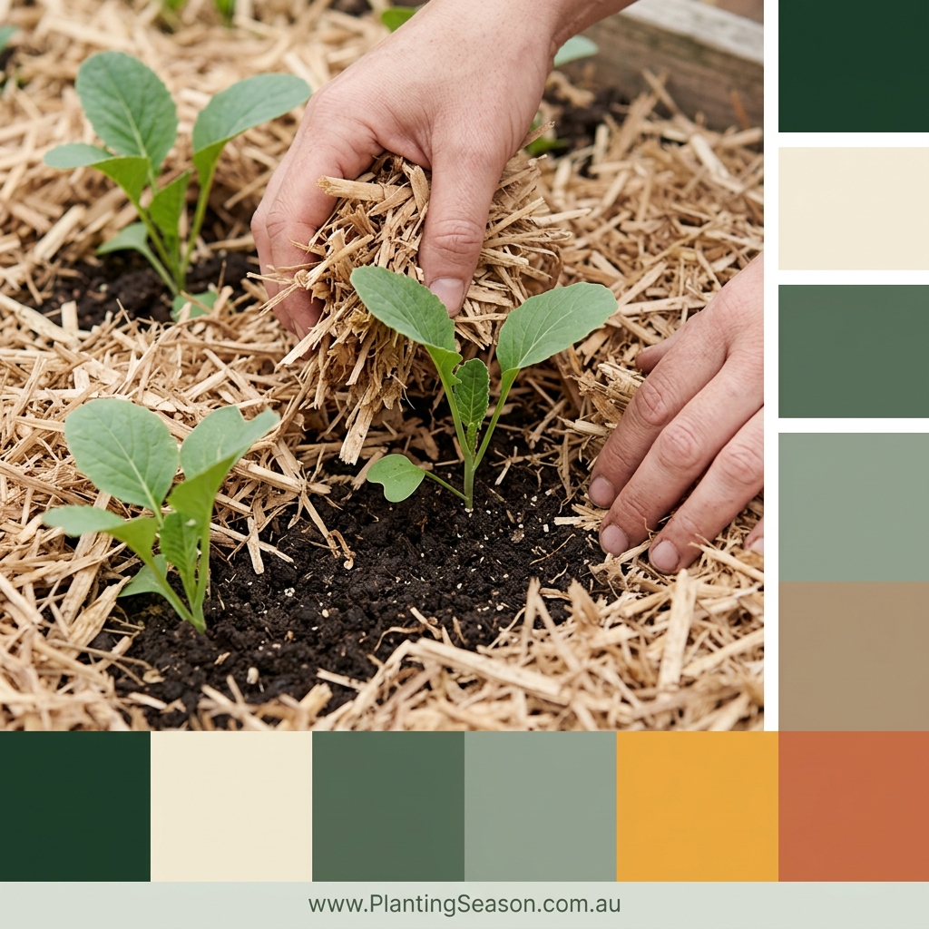 Spreading sugar cane mulch around vegetable seedlings