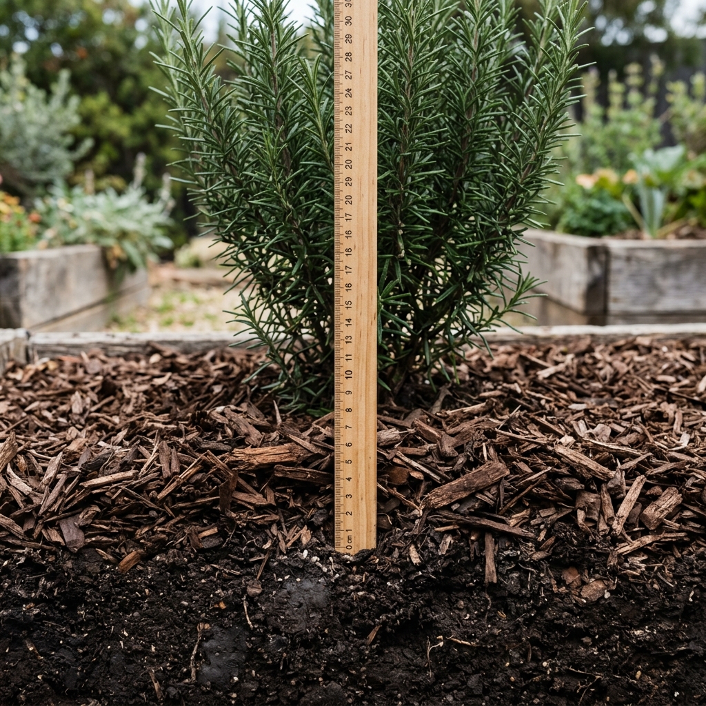 Side view showing mulch at 10cm depth around plants