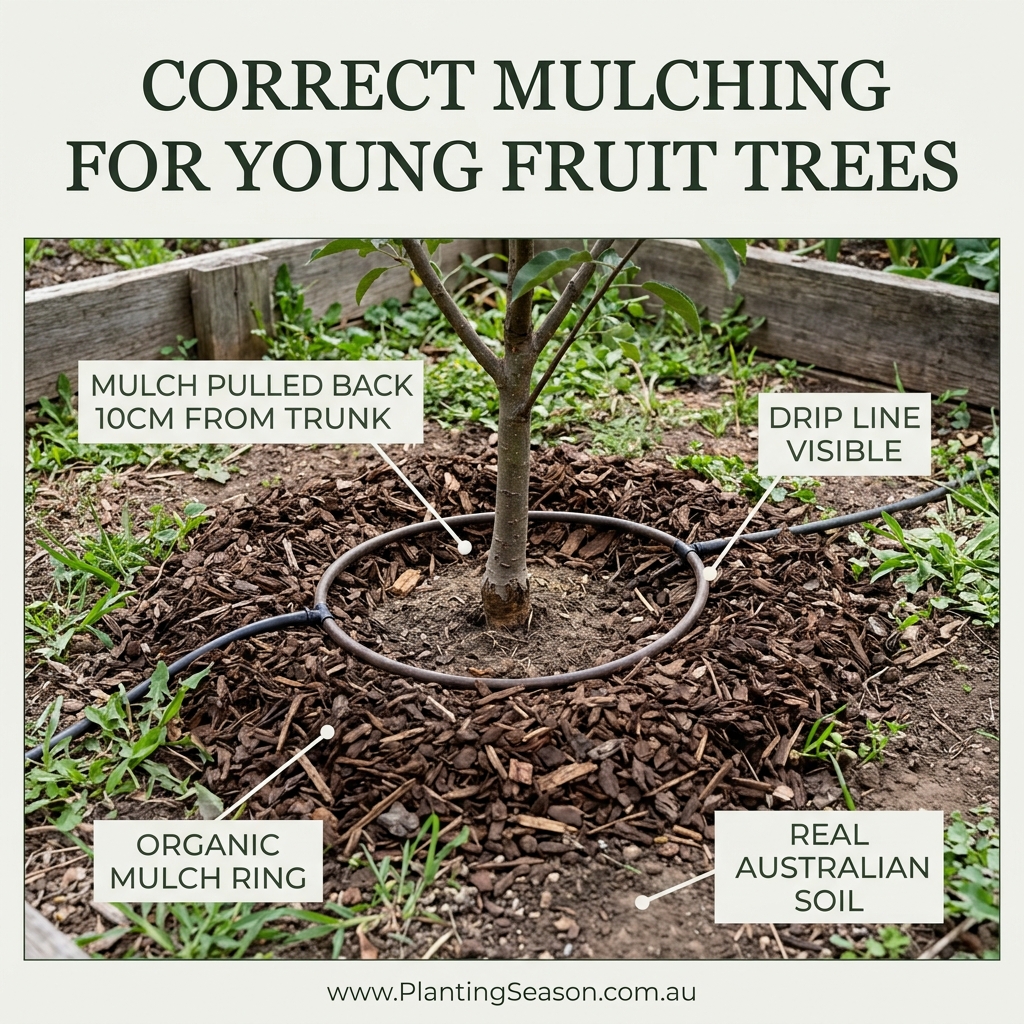 Mulch ring around the base of a young fruit tree