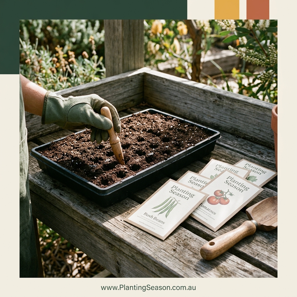Seed trays filled with seed-raising mix on a propagation bench