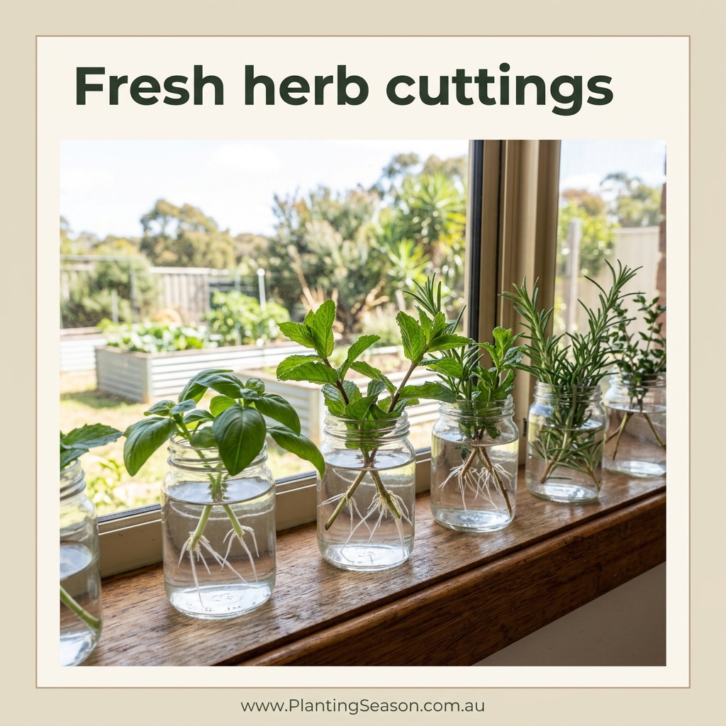 Herb cuttings in glass jars of water with roots forming