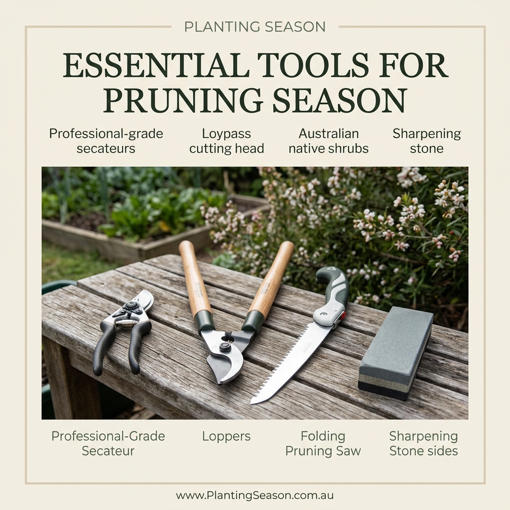 Clean pruning tools laid out: secateurs, loppers, pruning saw