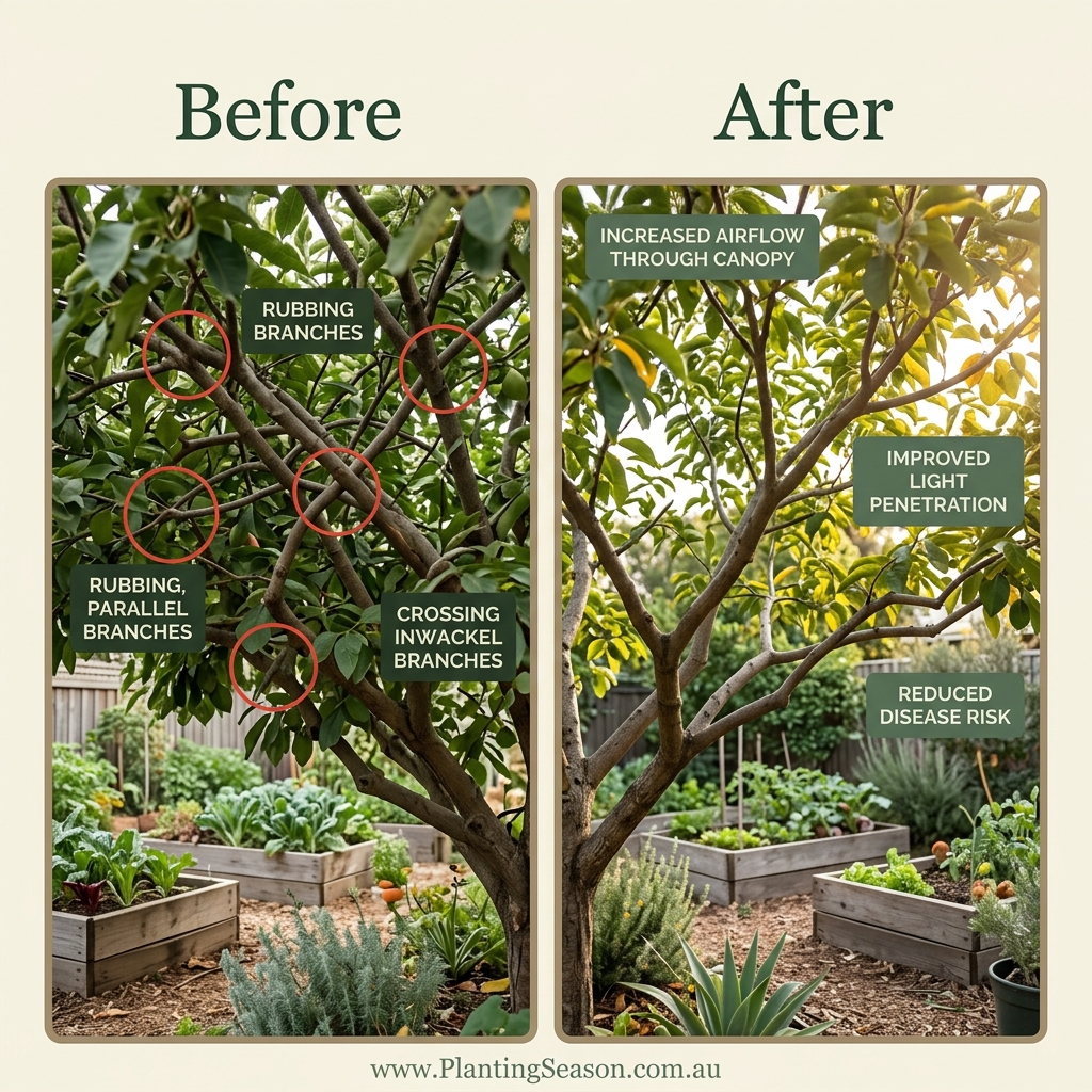 Before and after of crossing branches removed from a fruit tree