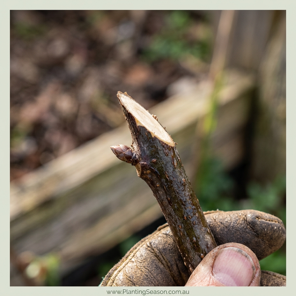 Close-up of a 45-degree pruning cut above an outward-facing bud