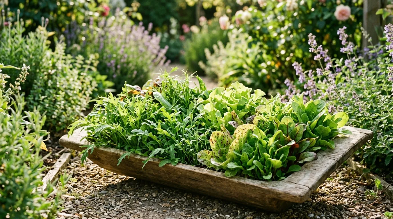 A shallow trough of mixed salad leaves ready to cut