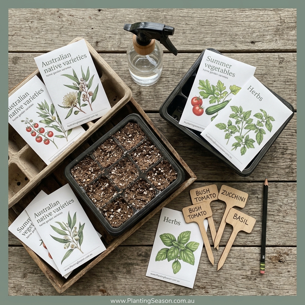 Seed raising supplies: trays, seed-raising mix, spray bottle, labels, seed packets