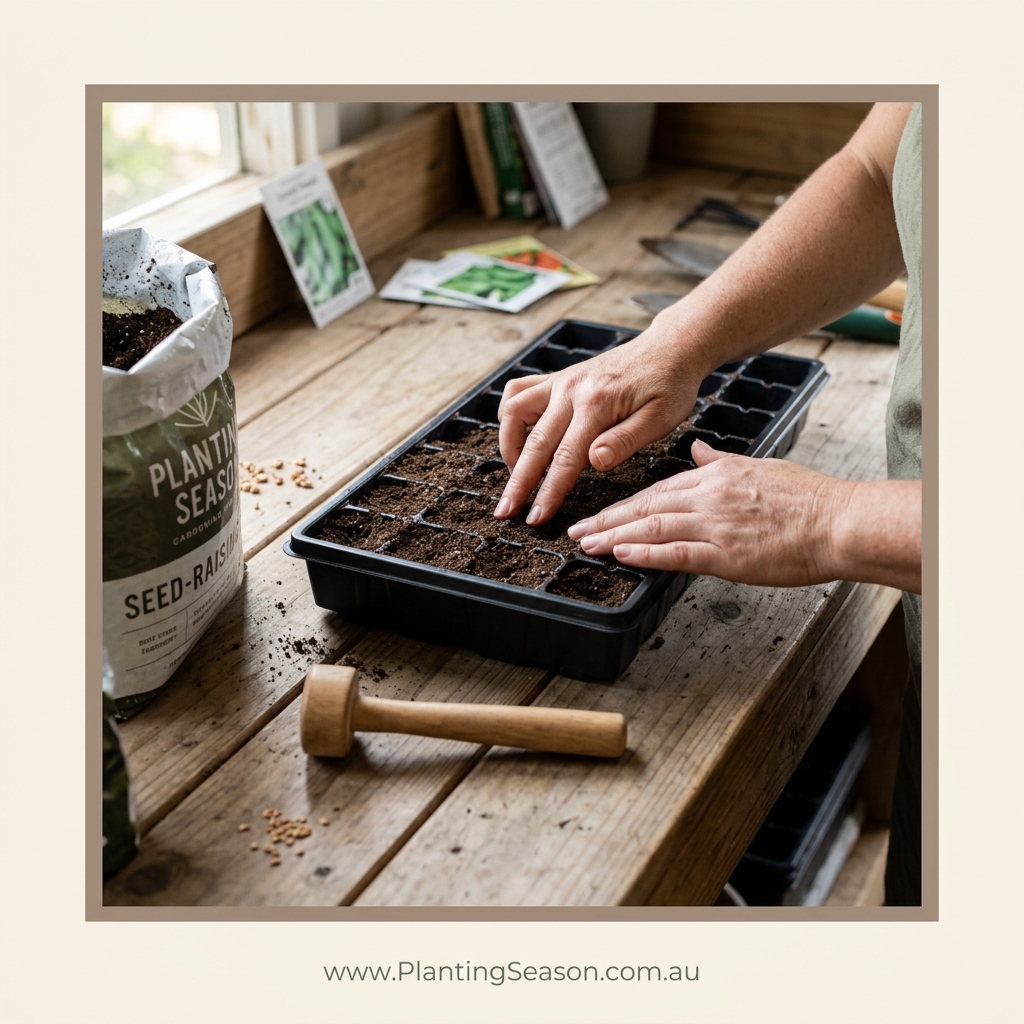 Filling seed tray cells with fine seed-raising mix