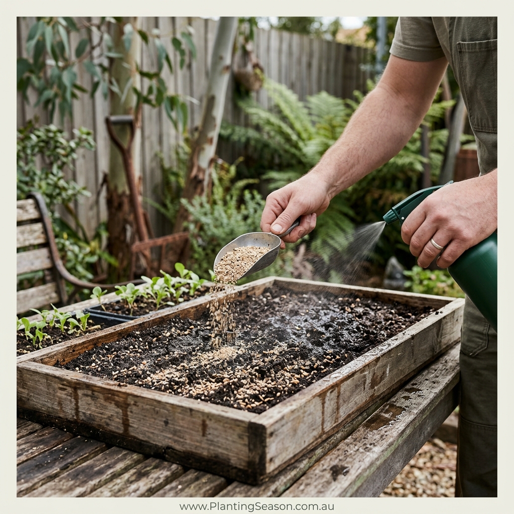 Vermiculite being sprinkled over freshly sown seeds