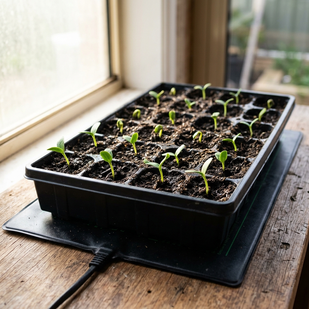 Tiny green seedlings emerging in a seed tray
