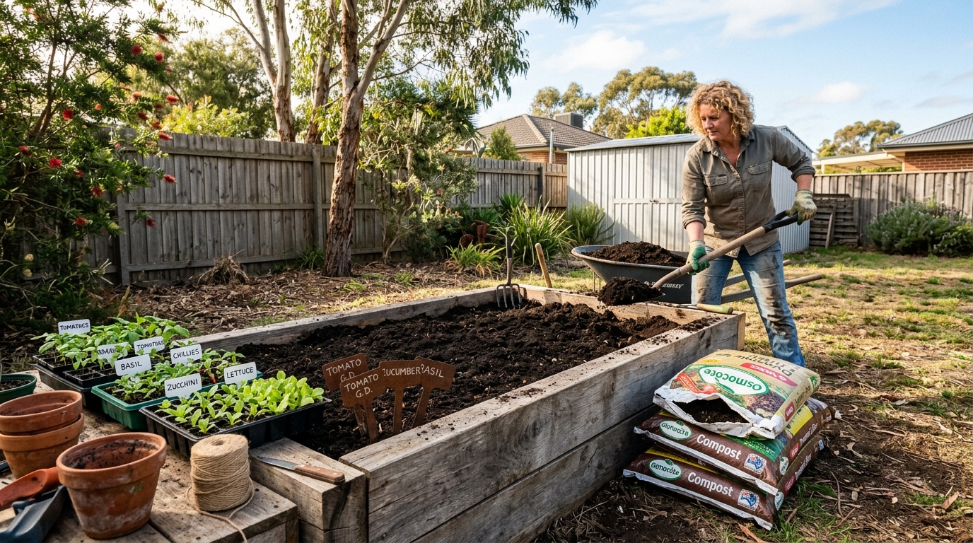 New vegetable garden with seedlings in raised beds