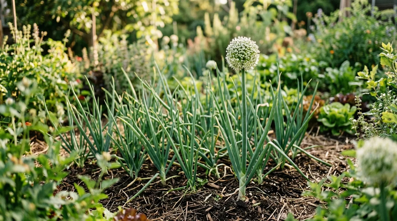 An onion plant sending up a round flower head