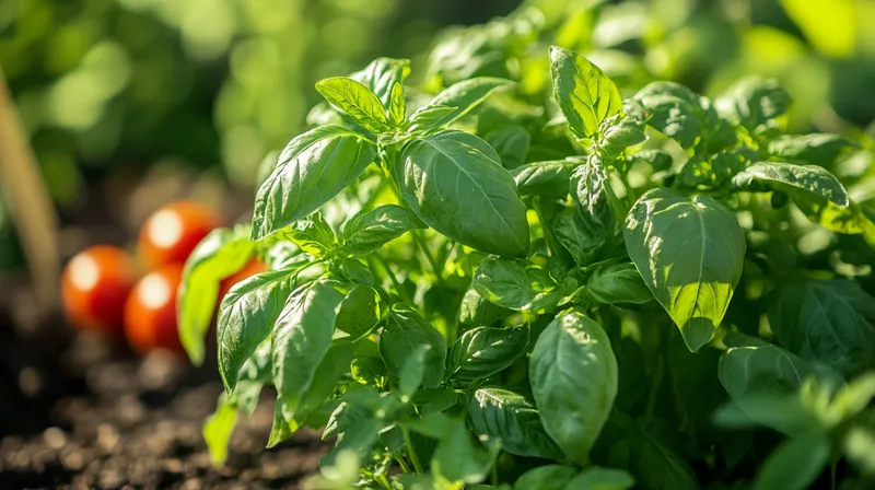 Healthy sweet basil growing in a garden bed