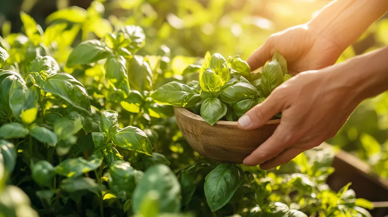 Hand harvesting basil leaves