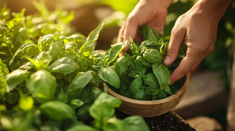 Fresh basil leaves cut from the plant