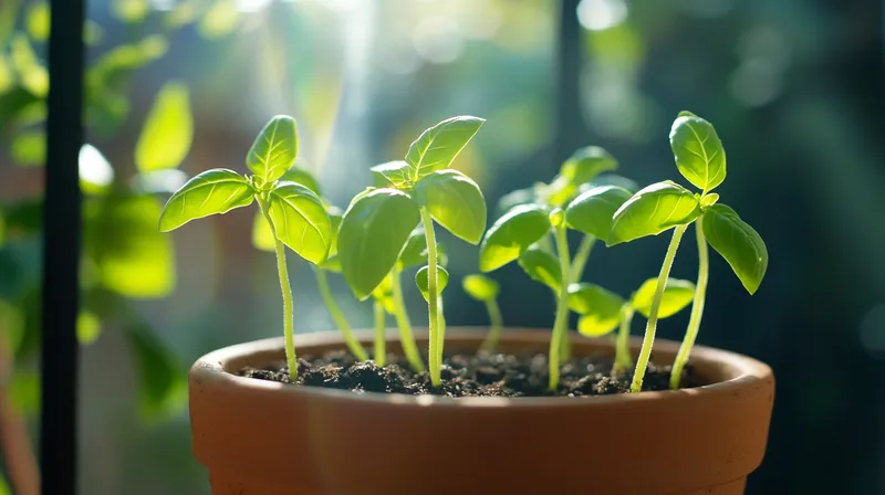 Basil seedling with first true leaves