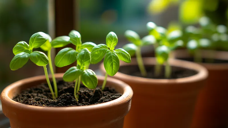 Young basil sprouts in a pot