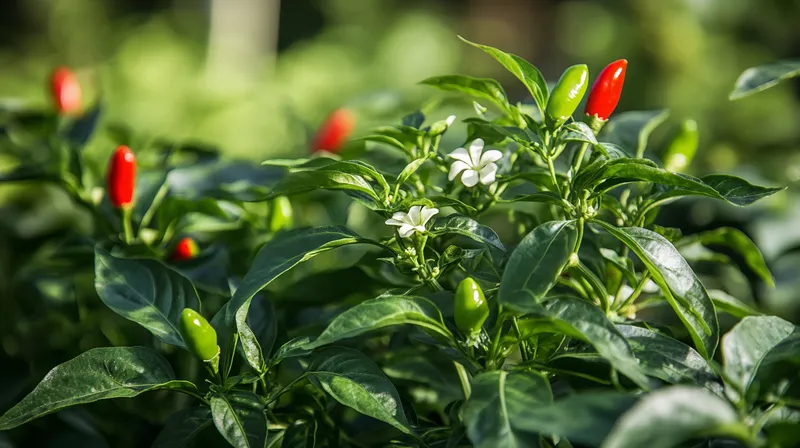 Mature chilli plant growing in garden bed