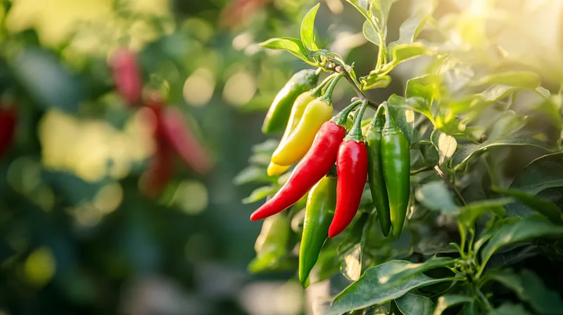 Ripe red chillies on the plant