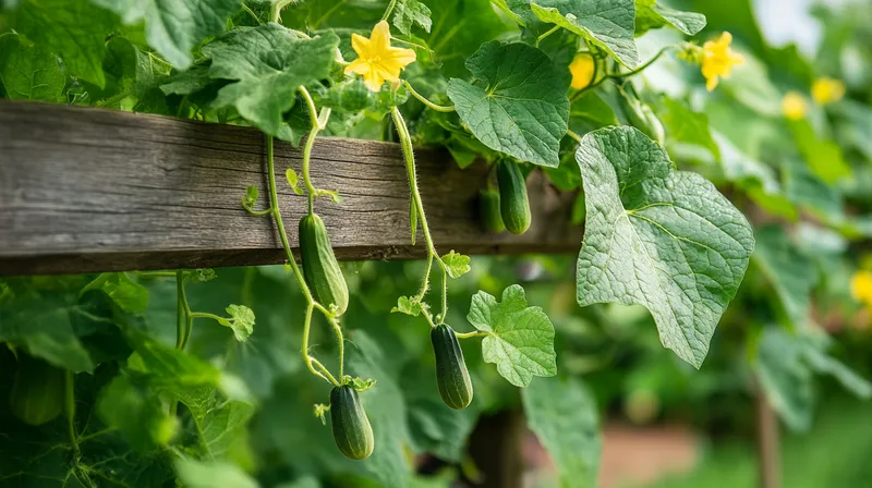 Cucumber vine climbing a trellis