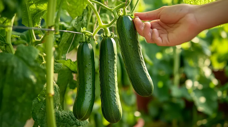 Cucumber hanging from trellis ready to pick