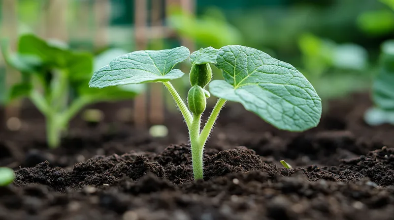Young cucumber plant in garden